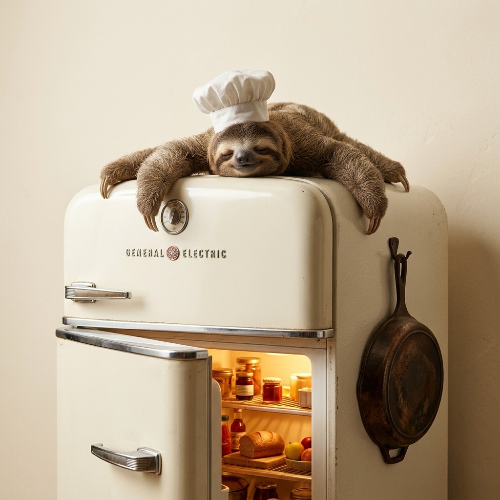 Sloth Chef Resting on Vintage Refrigerator